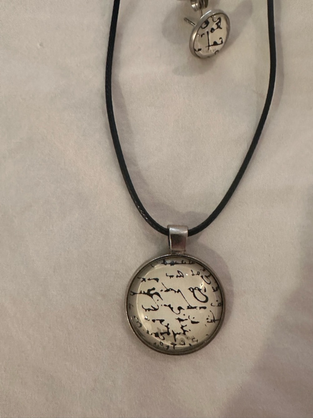 Black and White Script Pendant Necklace and matching earrings